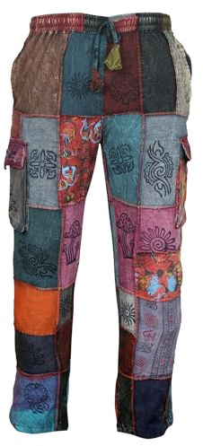 Ezhippie Pantalon hippie pour homme avec taille élastique en patchwork, mélange, XXL