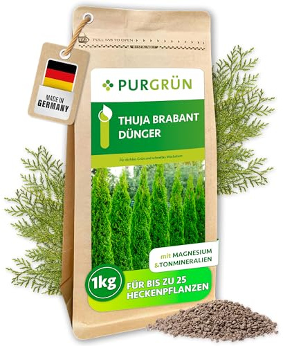 Purgrün® Thuja-Brabant-Dünger 1 kg – Organisch-mineralische Rezeptur – Feinkörniges Krümelgranulat – NPK 8+4+5 – Extra Magnesium für leuchtend grüne Nadeln – Für eine dichte Hecke