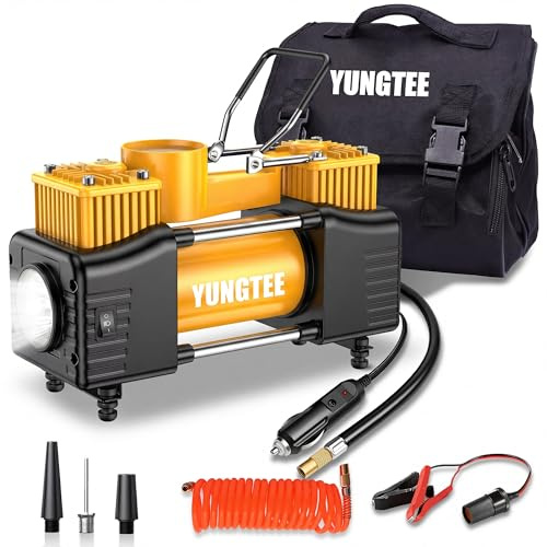 YUNGTEE Yellow Tire Inflator Heavy Duty Double Cylinders Direct Drive Inflation Pump,12V Portable Air Compressor Pump with Emergency LED Light - 150PSI Tire Pump,Apply to Car,Suv,RV