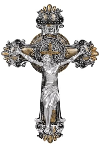 Saint St Benedict Crucifix Medal 2 Tone Wall 10 1/4 Inches, St Benedict Medals Crucifix Wall Cross Large, Hanging Catholic Jesus Christ Cross Wall Decor Religious Gifts, Cruz Del Medalla De San Benito