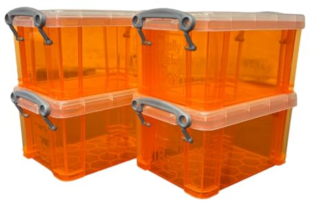 Really Useful Box, 0.7L, Clear Plastic Storage Boxes with Lids, Set of 4 (Orange)
