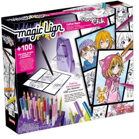 Lansay - Magic Lign Manga Chibi - Coffret de Reproduction - Dès 7 Ans | Apprendre à Dessiner - Projecteur Pocket, 2 Planches de Films et Crayons - Plus de 100 Illustrations - Personnages Adorables