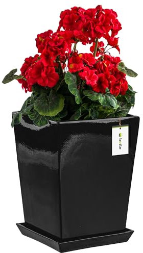 Pot de fleurs avec soucoupe - Carré - 17 cm x 24 cm (l x H) - Surface noire brillante - Simple et minimaliste - Hauteur interne - Évacuation inférieure - Support - Vase orchidée - En céramique -