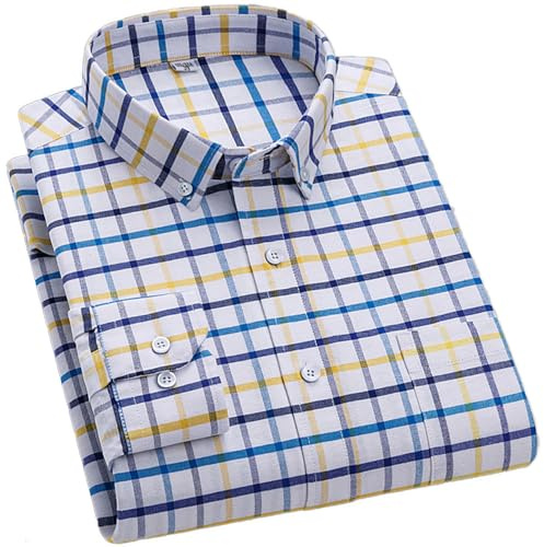 Cromoncent Chemises homme à manches longues Oxford boutonnées décontractées chemise habillée pour homme, 100% coton, chemises à carreaux/rayures, Bleu/jaune., Taille L