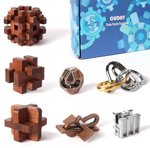 CUDNY 7 Pieces Cool Unlock Interlock Brain Teaser Puzzles Retro Wooden and Metal Puzzles IQ Logic Fun Puzzle Box Challenge Game