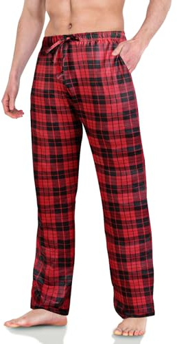 AUYAO Men's Red Plaid Pyjama Bottoms Soft Red Checked Lounge Pants with Pockets Adjustable Pyjamas Lounge Pants Cotton Soft PJ Sleepwear Nightwear Relaxed Fit