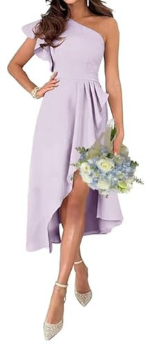 Robe de demoiselle d'honneur asymétrique en satin pour femme Longueur thé Robe de bal Robe longue trapèze, lilas, 38