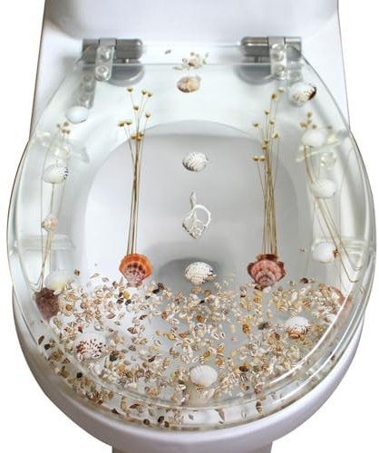 WC Sitze aus Transparentem Harz, WC Deckel mit 3D-Effekt und Echten Muscheln und Trockenblumen, Toilettensitz mit Absenkautomatik und Scharnieren aus Edelstahl, O-förmig, 44 x 36,5 cm
