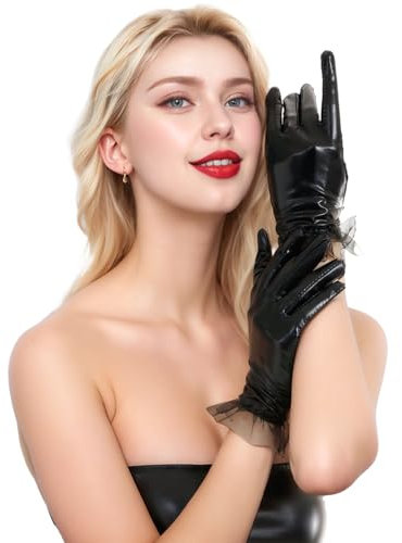 AhhiAboo Damen Lackleder Kurze Handschuhe mit Spitze - Schwarze Lederhandschuhe Glänzend Cosplay Opera Party Handschuhe - Latex Hand schuhe für Pole Dance Performance und Hochzeit Sexy Karneval Kostüm