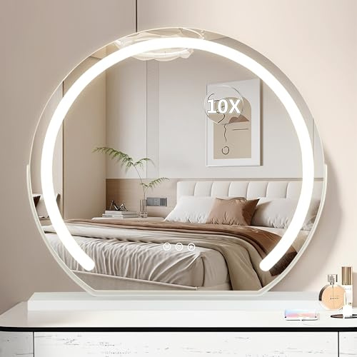 LSLIFE Vanity Makeup Mirror with Led Lights, 3 Color Dimmable Hollywood Tabletop Makeup Mirrors Round 300° Rotating Vanity Mirror with Detachable 10x Magnifying Mirror (59.5L x 61W cm)