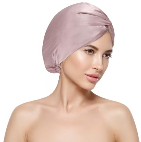 Seidenhaube für schlafende Frauen - 19 Momme 100% Maulbeerseide Nachtmütze mit Gummiband für Haarschutz, atmungsaktive Schlafhaube für lockige Haarpflege, Anti-Frizz Bedtime Zubehör, Rosa, Pink, 7
