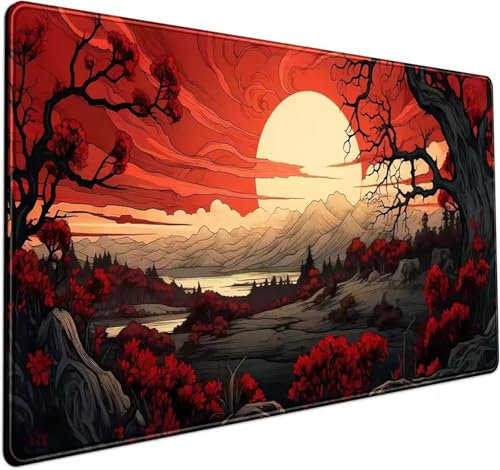 Tapis de Souris Gaming XXL 700x400x3 mm Grand Tapis de Souris de Jeu Tapis de Bureau Grande Taille avec Base Anti-érapante et Bords Cousus Extra Large Gamer Mouse Pad (Nature Paysage Rouge)