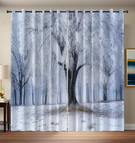 CEDNXOER Verdunklungsvorhänge 2er Set - H 225 x B 140 cm Thermovorhang Hitzeschutz, Schneeszene Vorhang Blickdicht mit Ösen, Silberweidenzweige Pflanzen Lärmschutzvorhang, Weiß Gardinen Jugendzimmer