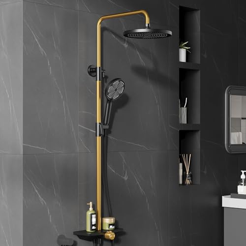 Garvee Duschsystem Mit Duschkopf Edelstahl Verstellbare DuschsäUle Duschstange ÜBerkopfbrause Set Regendusche Ohne Armatur Mit Ablage, Kopfbrause Round 25 cm Schwarz+Gold
