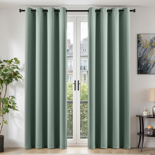 TOPICK Gardiner ogenomskinliga gardiner med öljetter, fönsterdekoration, gardin, 245 x 140 cm, set om 2 mörkläggningsgardiner, sovrum, dörrgardiner, vardagsrum, modern, salviagrön