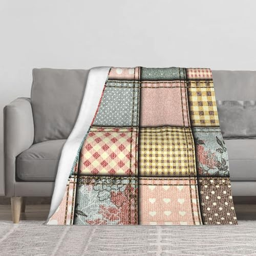 BYwenhopnbs Coperta in flanella con motivo patchwork in stile vintage, spessa e super morbida, comoda e accogliente, per divano, 152,4 x 127,2 cm.