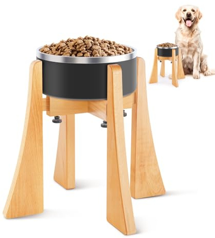 Elevated Dog Bowl - Nature Beech Wood Stand 12-inch High Neck-Protecting Raised Stand with Durable Stainless Steel Bowl for Large Sized Dog Non Toxic Pet-Friendly Feeder