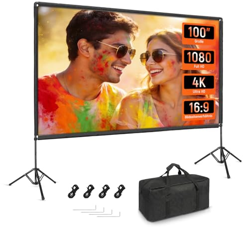 Beamer Leinwand mit Stativ 100 Zoll, 16:9 HD Projektor Leinwand Outdoor | Projector Screen mit Ständer, Tragbare, Tragetasche, Home Garten, Party, Theater, Nächte