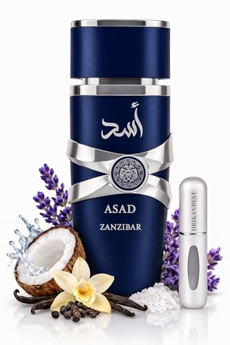 Perfume Asad Zanzibar | Para Hombres | De Eau de Parfum | 100ml | Fragancia Tropical y Fresca | De Larga Duración | Con Atomizador de 5Ml de Regalo | Perfume Hombre | Esencia Profunda y Elegante