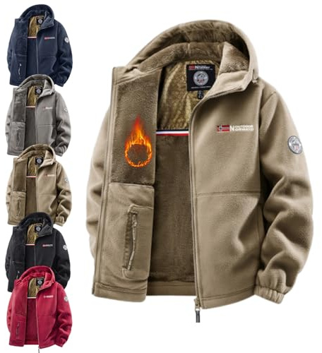 AMOUSDRDR Chaqueta de forro polar de doble capa con capucha para hombre, ultra cálida, de doble capa, con cremallera, abrigo de sherpa con capucha resistente al viento