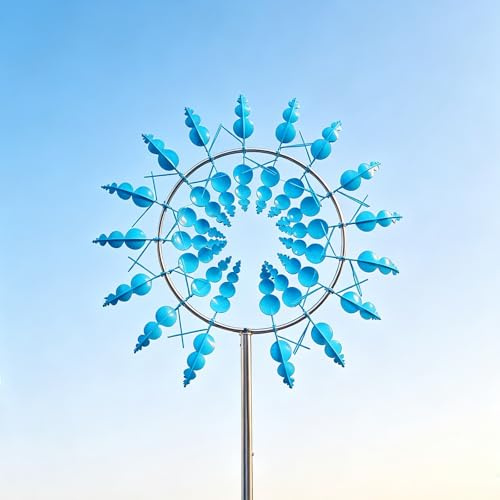 Windrad Garten Metall, Windspiel Garten Drehbare Blume, 3D Magische Windmühle wetterfest, Windspiele für Draußen Stehend, Gartendeko Windräder für Balkon, Landschaft Dekoration (Blau)