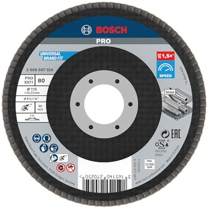 Bosch PRO X571 Fächerschleifscheibe, gerade, 115 mm, K40 | für Stahl, Edelstahl, Körnung 80, Professional Zubehör Kleiner Winkelschleifer