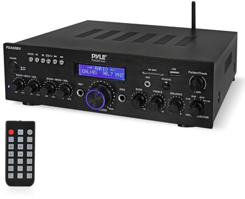 Pyle 200W Wireless Bluetooth Power Amplifier - Dual Channel Stereo Receiver with USB Flash Reader - SD Card - AUX - MIC IN w/ Echo - Radio - Home Theater - Studio Use - RCA Output - PDA65BU
