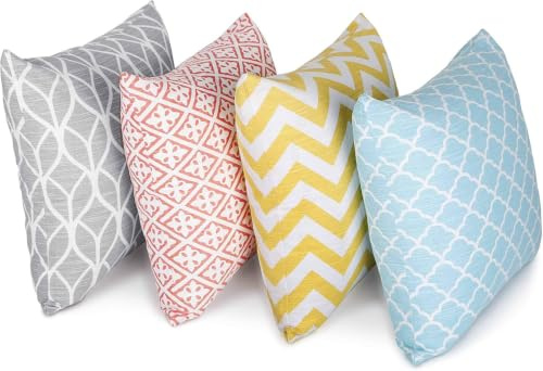 Penguin Home 4Er - Pack Dekorative Quadratische Kissen Aus Baumwolle, Luxuriöse, Stilvolle Für Wohnzimmer, Sofa, Schlafzimmer, Mit Unsichtbarem Reißverschluss, 45X45 cm (18 Inches), Mischen/Multi