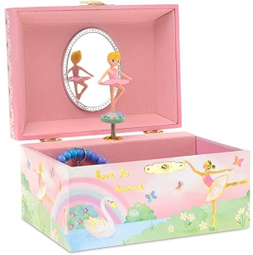 Jewelkeeper - Joyero Musical Infantil con Bailarina, Arcoíris y Pan de Oro - Melodía Lago de los Cisnes - Caja de Música Infantil Madera con Espejo Ovalado y Cajones Extraíbles para Niñas