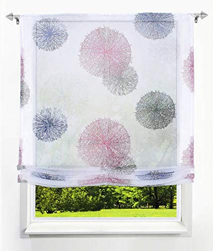 1 Stück Raffrollo mit Feuerwerk Muster Floral Design Raffgardine Voile Transparent Vorhang (BxH 100x140cm, Violett mit Tunnelzug)