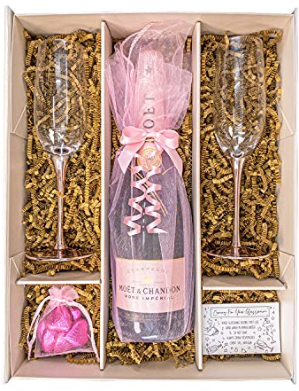 Moët & Chandon Rosé Imperial 75cl Pink Champagne Gift Set with Pink Champagne Flutes, Belgian Heart Chocolates and Gift Box - Rosé Champagne Gift for Her, Anniversary or Congratulations (Pink Stems)