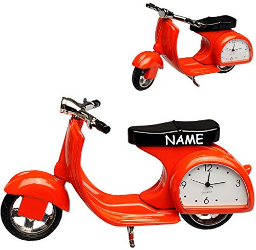 alles-meine.de GmbH kleine - Tischuhr/Miniatur - Uhr - Motorrad - Roller/Motorroller - inkl. Name - aus Metall - 11,5 cm - batteriebetrieben - Analog - Batterie - rot - Zahle..