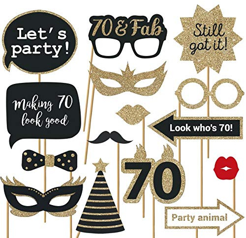 Fully Assembled 70th Birthday Photo Booth Props - Set of 30 - Black & Gold