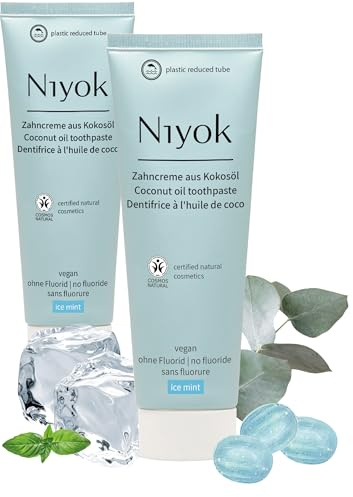Niyok Zahncreme Eisminze 75 ml mit Bio-Kokosöl | Mit Bio-Kokosöl, Xylit und Kreide für die tägliche Zahnpflege, fluoridfrei, mit frischem Eisminzgeschmack