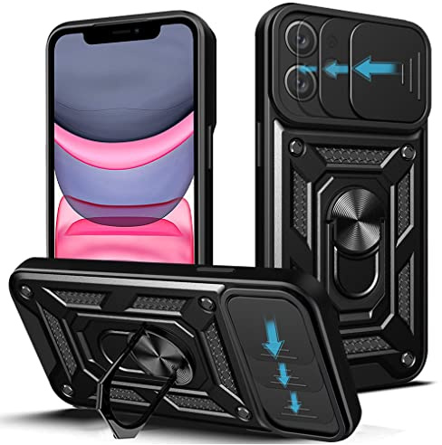 LOCLOUD - Cover per iPhone 11, protezione della fotocamera, con lente scorrevole, cover e supporto ad anello, custodia in silicone duro e TPU, antiurto, antigraffio, colore: nero