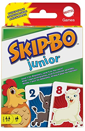 Mattel Games HHB37 - Skip Bo Junior kortspel med 2 spelnivåer, 112 kort, underhållande sekvensspel för 2 till 4 spelare i åldern över 5 år