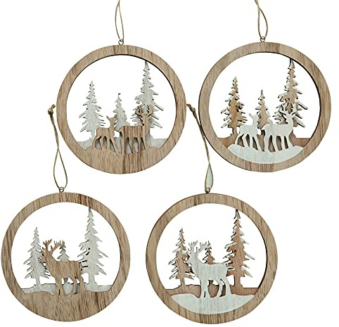 4 STK Dekoanhänger 14cm Holzschmuck Weihnachten Weiss braun Hirsche Bäume n6178 Christbaumschmuck Deko Hänger Anhänger Holz