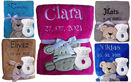 Wuff-Dogsworld Kuschlige Babydecke Bestickt mit Name/Geburtsdatum Geschenk Baby Taufe Geburt