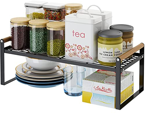 HGYZE Cabinet Shelf 32(L) x21cm, Stackable Kitchen Counter Rack Organizer 20cm Deep, Kitchen Riser Shelves, Countertop Storage Pantry Durable Metal Sink Shelf, Black