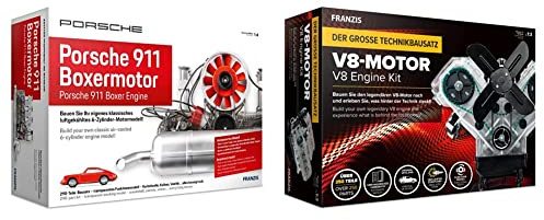 Franzis 67140 - Porsche 911 Boxermotor, Modell-Bausatz, Maßstab 1:4, 290 Bauteile & 67114 - Der große Technikbausatz V8-Motor, Modell-Bausatz des 8-Zylinder Motors, Maßstab 1:3, 250 Bauteile