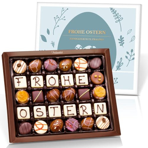 Pralinenbote Genussmanufaktur – Ostergeschenk mit 30 handgefertigten Osterpralinen deutscher Chocolatiers, das Pralinen Geschenk zu Ostern, 375g (Frohe Ostern, 30 Pralinen)