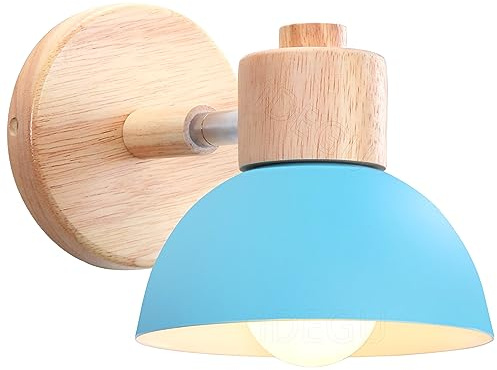 iDEGU Wandleuchte Moderne Innen Wandlampe aus Holz Metall Halbkreis Lampenschirm E27 Verstellbare Wandspot Vintage Lampe für Schlafzimmer Wohnzimmer (1 Stück, Blau)