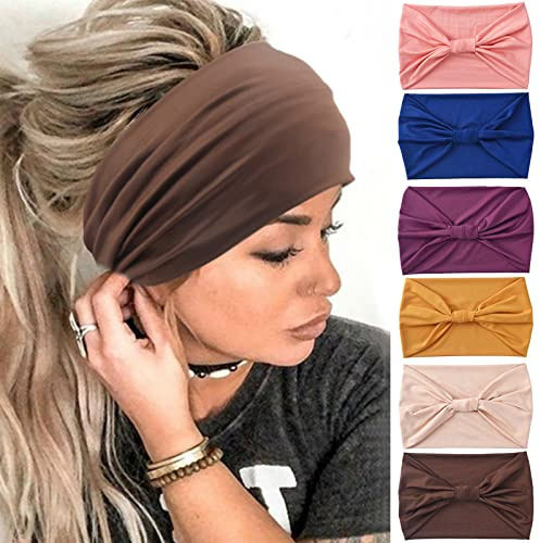 Yeshan Diademas anchas para mujer, no deslizantes, estilo africano, bohemio, bandejas, bandas elásticas para yoga, entrenamiento, sudor, correr, turbante deportivo, anudado, paquete de 6