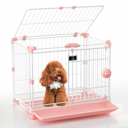 FLARUZIY Hundebox für kleine Hunde unter 11,3 kg, 61 cm, Rosa, dickes Metall, Drahtkäfig für den Innenbereich, mit Doppeltür und herausnehmbarem Tablett für Haustiere, Welpen und Tiere