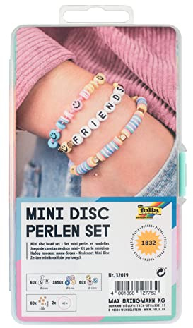 folia 32019 - Mini Disc Perlen Set mit Aufbewahrungsbox, 1.832 Teile, 60x Buchstabenperlen, 1.650x Mini-Disc-Perlen, 60x Smiley-Perlen, 60x Perlen in Gold, 2x Gummiband je 2 m in Weiß & Rosé