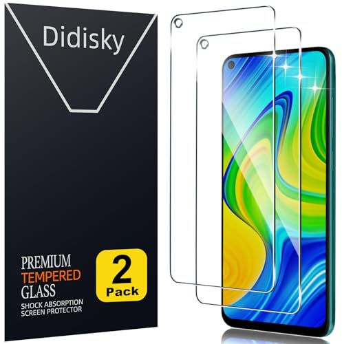 Didisky 2-Unidades Cristal Templado Protector de Pantalla para Xiaomi Redmi Note 9 6.53''(no para Redmi Note 9s,Note 9 Pro), Antihuellas, Sin Burbujas, Fácil de Limpiar, 9H Dureza,Transparente