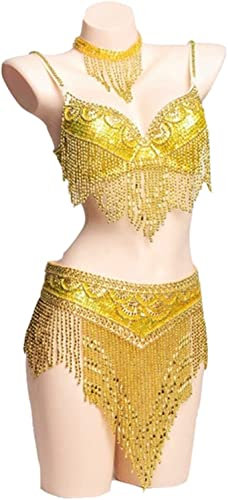 BAtlam Goldene Bauchtanz-Kleidung für Damen, perlenbesetztes Oberteil und Gürtel, 2-teiliges Set, Kostüme für Bauchtanz, BH-Kostüm mit Halskette (Gold-BH und Gürtel L)