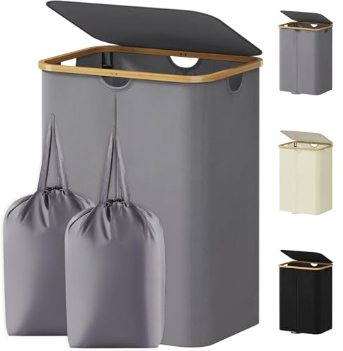 Lifewit 150L Laundry Basket with Lid, Clothes Hampers for Laundry with Bamboo Handles and Removable Laundry Bags, Large Foldable Laundry Hamper for Bedroom, Bathroom, Dorm, Laundry Room, Grey
