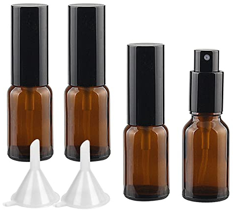 LusDoly 4 Pezzi 15ml Marrone Vetro flacone spray Con Sprayer Nero ideale per nebulizzazione Spruzzatori d'Acqua per Cosmetica Profumo, Imbuto