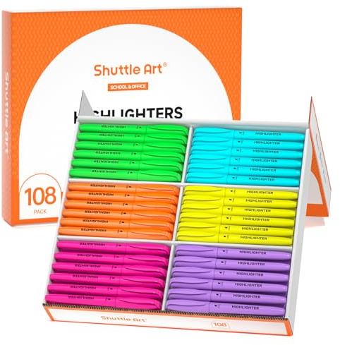 Shuttle Art Fluo Surligneur, 108 Pack Surligneurs Fluos, 6 Couleurs Vives à Pointe Biseautée, Non Toxique et Sécher Rapidement, Parfait pour Enfants Adultes pour Soulignage à l’École ou au Travail